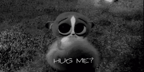 a black and white photo of a cartoon meerkat asking to hug him .