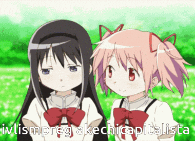 two anime girls are standing next to each other with the words " iwlismpreg akechcapitalisma " written below them