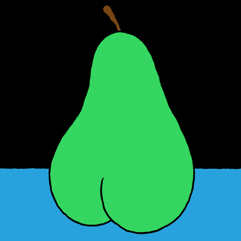 a cartoon drawing of a green pear with a red tongue sticking out