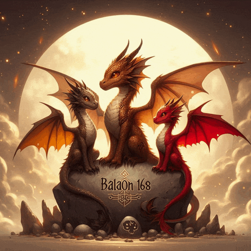 three dragons are sitting on a rock with balaon 168 written on the bottom