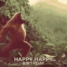 a monkey is jumping in the air with the words `` happy happy birthday '' .