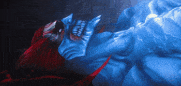 a pixelated image of a monster with a blue body and red hair