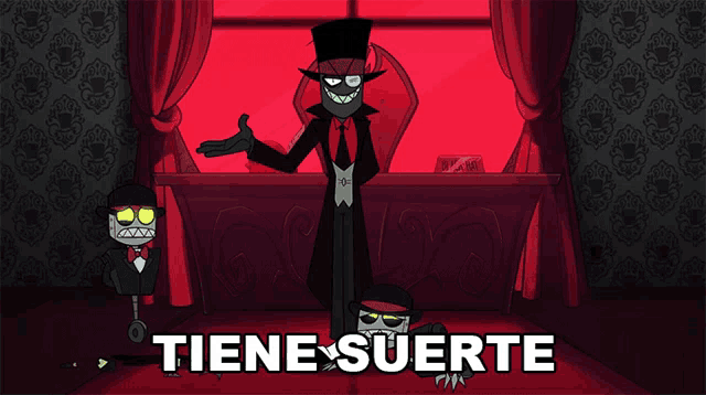 a cartoon character giving a thumbs up with the words tiene suerte behind him