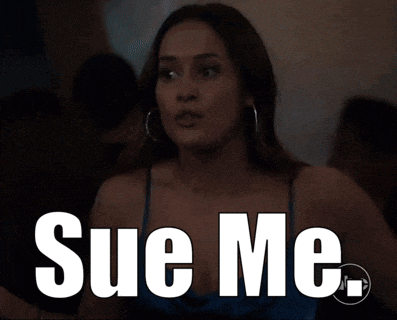 a woman in a blue dress says sue me in white letters