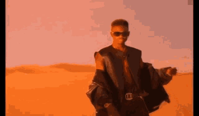 a man wearing sunglasses and a leather jacket is standing in the desert .
