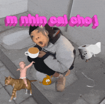 a woman is squatting on a toilet holding a cup of coffee and surrounded by poop and toilet paper