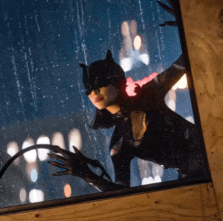 a woman in a catwoman costume looks out a window