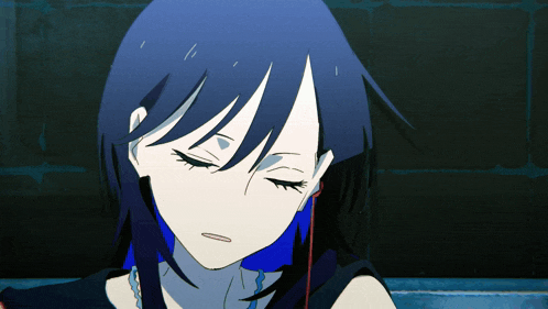 a close up of a girl with blue hair