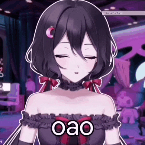 a girl with purple hair is wearing a black dress with a red bow and the word oao on it .