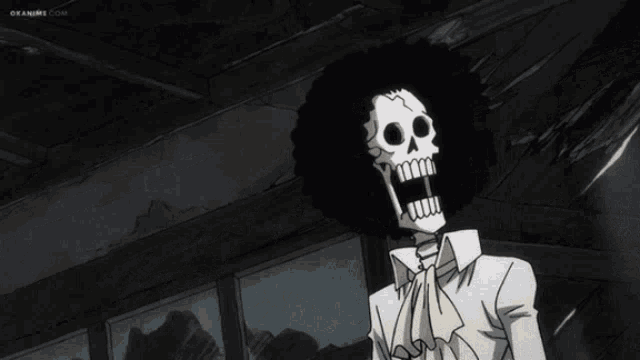 a cartoon drawing of a skeleton with a yellow flame coming out of his mouth