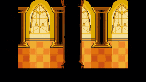 a cartoon drawing of a room with arches and windows
