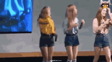 three young women are standing next to each other on a stage holding microphones .