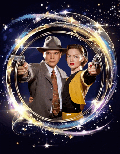 a man and a woman pointing guns in a circle