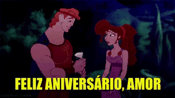 a cartoon of a man giving a rose to a woman with the words feliz aniversario amor in yellow