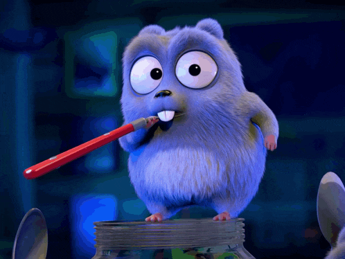 a cartoon character holding a pencil in its mouth