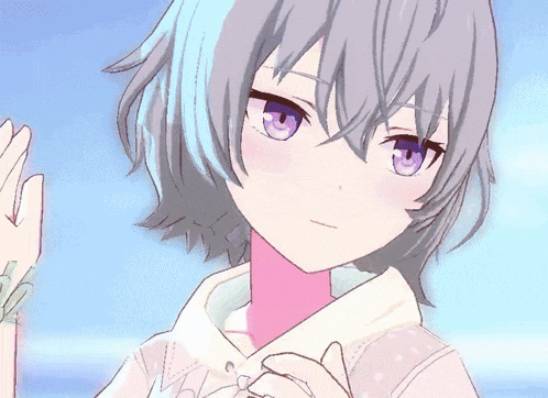 a drawing of a girl with purple eyes and gray hair