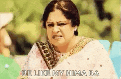 a woman in a saree is making a funny face and says `` be like my hima ba '' .