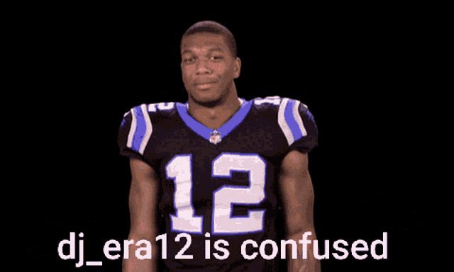 a football player with the number 12 on his jersey looks confused