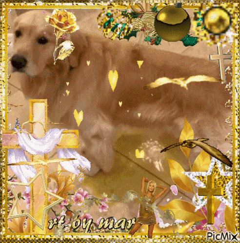 a picture of a dog surrounded by flowers and crosses with a picmix watermark on the bottom