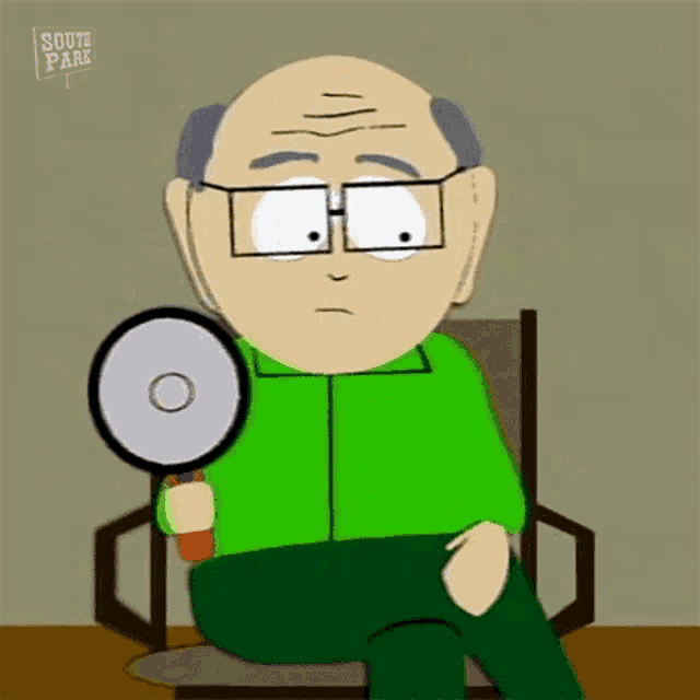 a bald cartoon character is sitting in a chair holding a megaphone .