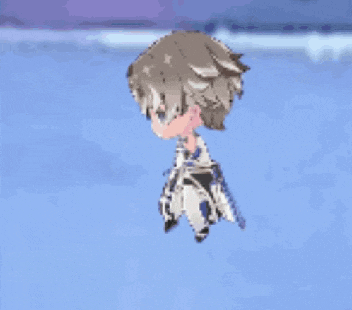 a little girl is flying through the air with a sword in her hand .
