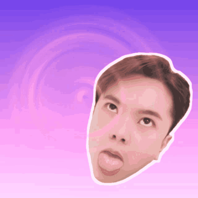 a man sticking his tongue out on a purple and pink background