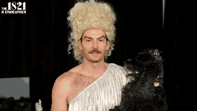 a man in a wig is holding a black dog in front of a sign that says " the 1821 "