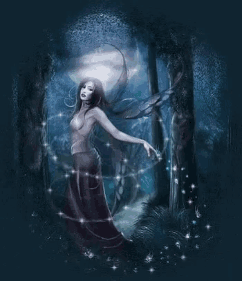 a fairy with wings is standing in a dark forest at night .