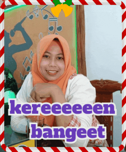 a woman sitting at a table with the words " keeeeeen bangeet " on the bottom