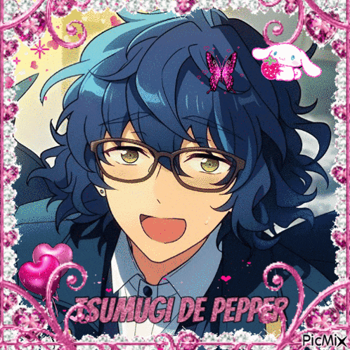 a picture of a blue haired anime character with the name tsumugi de pepper