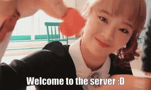 a girl holding a red ball with the words welcome to the server : d below her