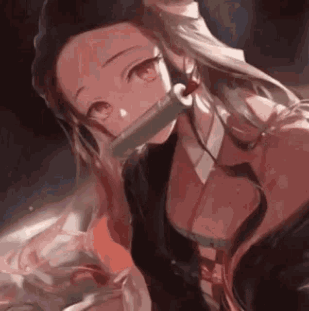 a close up of a girl with a sword in her mouth and a sword in her mouth .