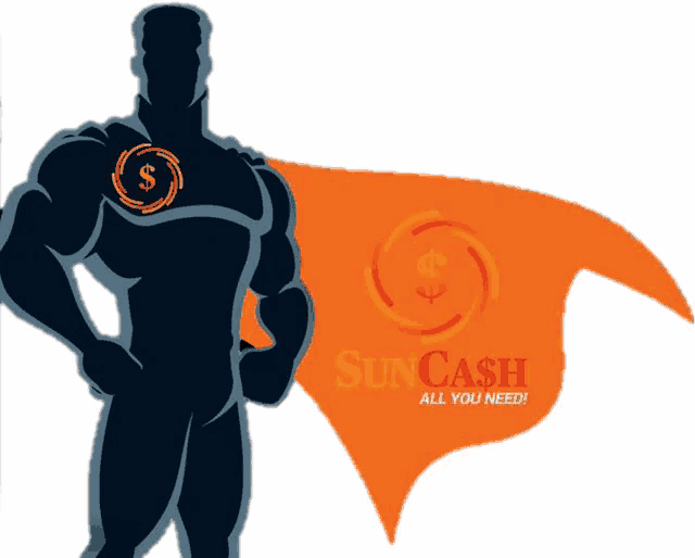 a silhouette of a man with a cape that says suncash on it