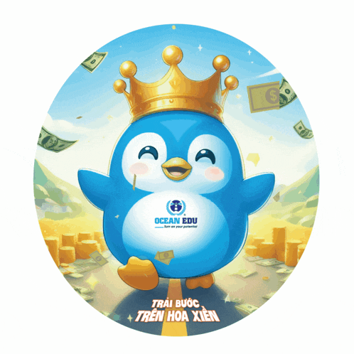 a blue penguin with a gold crown and ocean edu written on it