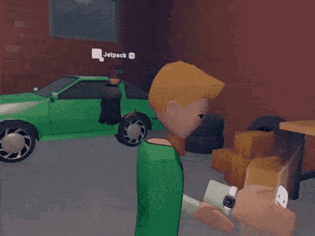 a close up of a cartoon character 's face with a green car in the background .