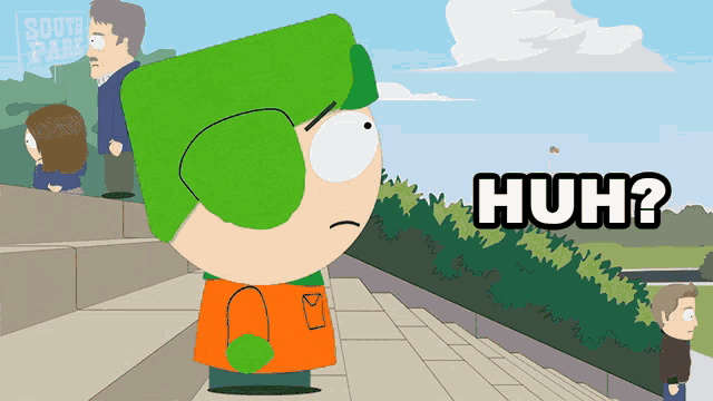 a cartoon character from south park is standing on a set of stairs and says huh