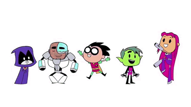 a group of cartoon characters are standing next to each other