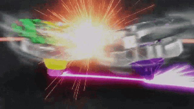 a purple and green toy is being thrown at another toy