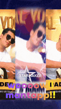 a man wearing sunglasses stands in front of a starmaker poster