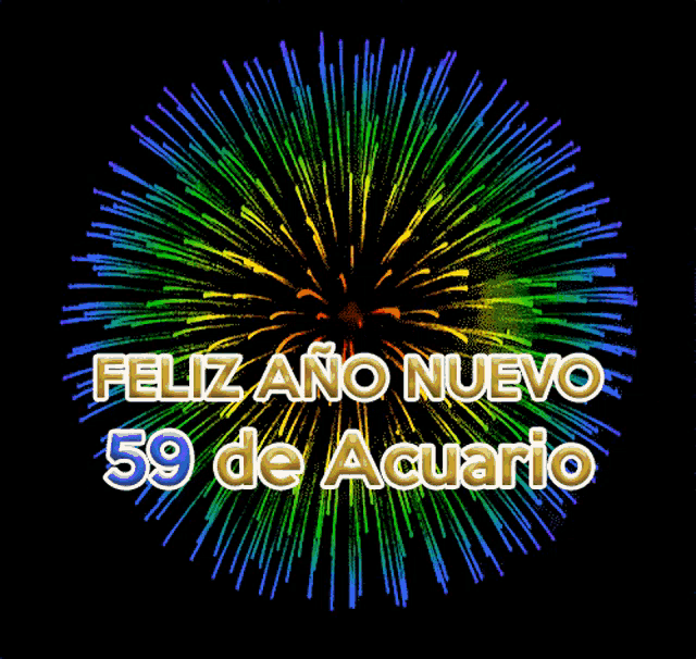 a colorful firework display with the words feliz ano nuevo 59 de acuario