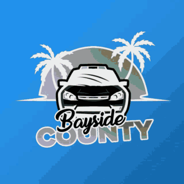 a logo for bayside county has a car and palm trees