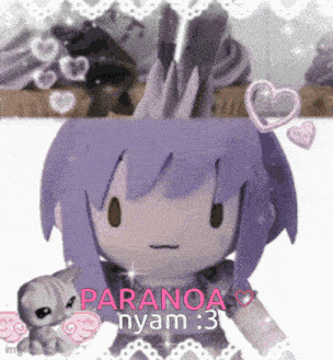a stuffed doll with purple hair and the words paranoa nyam 3 on it