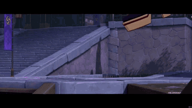 a purple flag with the letter s on it is hanging from a pole
