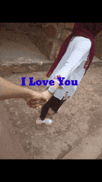 a woman holding a man 's hand with the words " i love you " above her