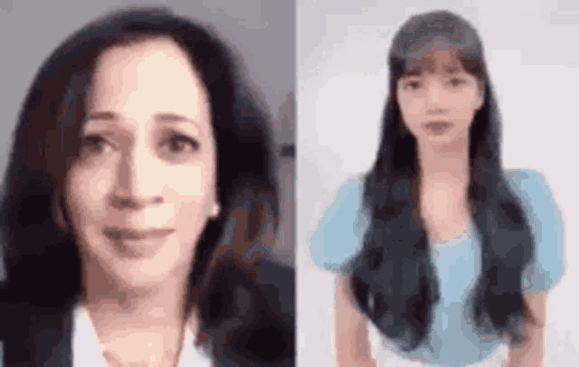 a close up of a woman 's face next to a close up of a woman with long hair .