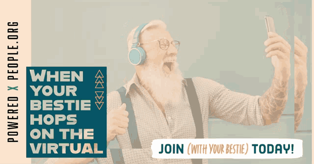 a man with headphones is holding a sign that says when your bestie hops on the virtual