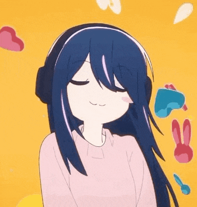 a girl with long blue hair is wearing headphones and a pink sweater .