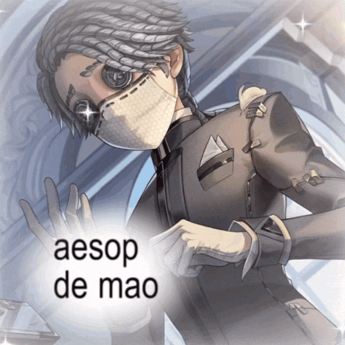a picture of a man with a mask on his face and the words aesop de mao below him