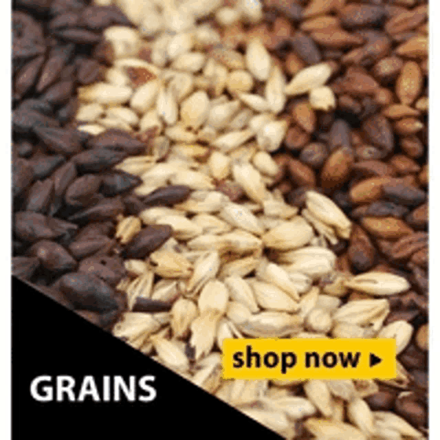 a pile of grains with a yellow sign that says shop now .