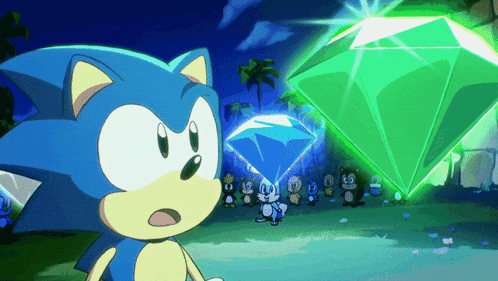 sonic the hedgehog is standing in front of a giant green diamond